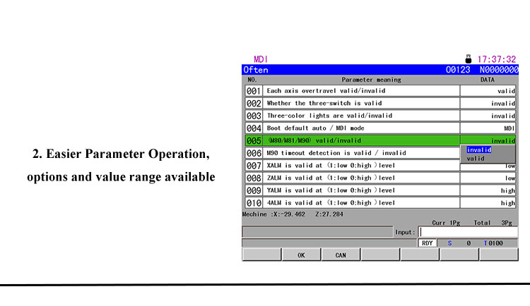 ATD980MEa parameter screen with options and value ranges